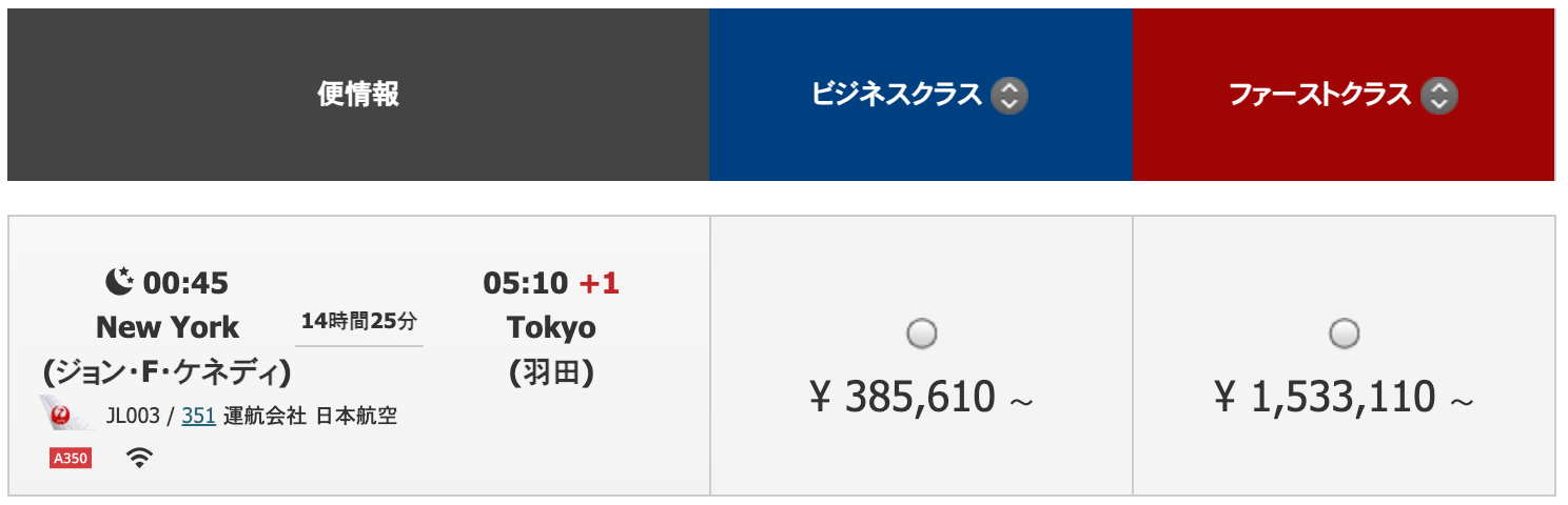 ニューヨーク→東京（復路）の航空券価格の画面