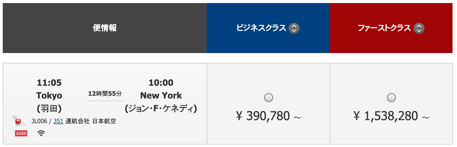 東京→ニューヨーク（往路）の航空券価格の画面